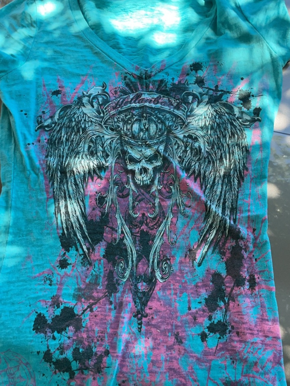 Turquoise & Pink Skull Wing Graphic Tee